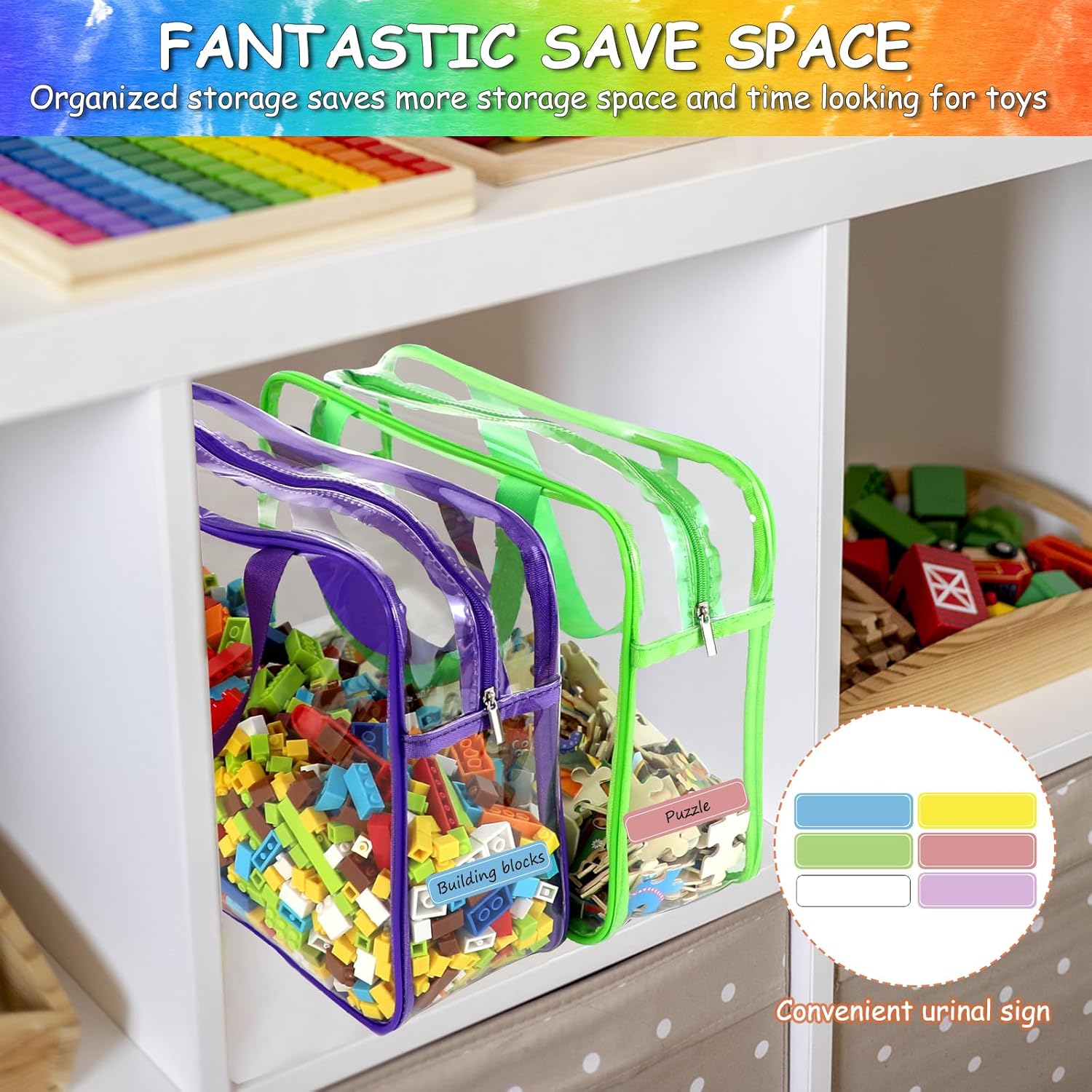 Detalle de 6 Color Large Toy Storage Bags with Labels – Reusable Clear PVC Organizer for Toys, Games, and Books