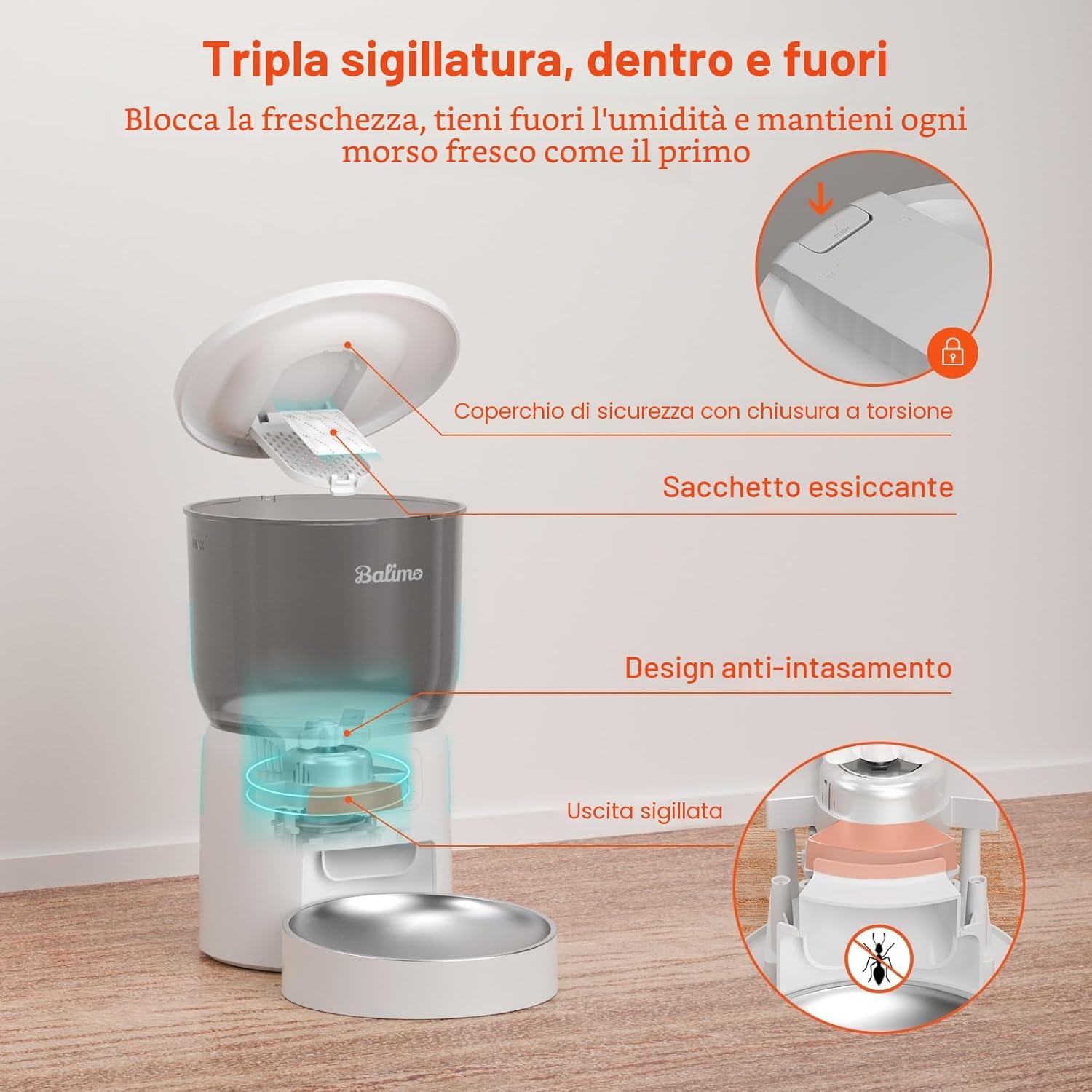 Detalle de Balimo Distributore Automatico Cibo Gatti: controllo WiFi, fino a 10 pasti al giorno, brocca in acciaio e design anti-ingresso