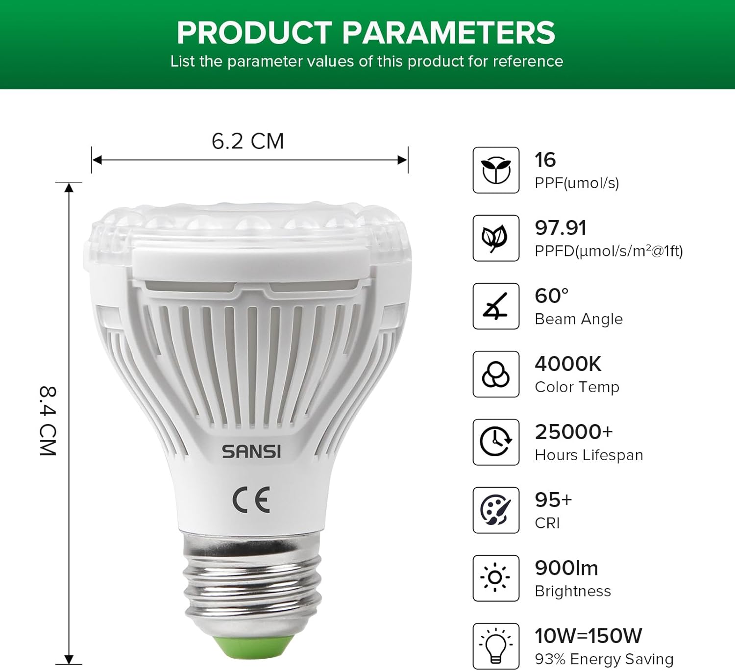 Thumbnail 4 de SANSI Lampada per Piante LED da Interno 10W E27 (2 Pack) Spettro Completo 4000K, crescita, fioritura e fruttificazione