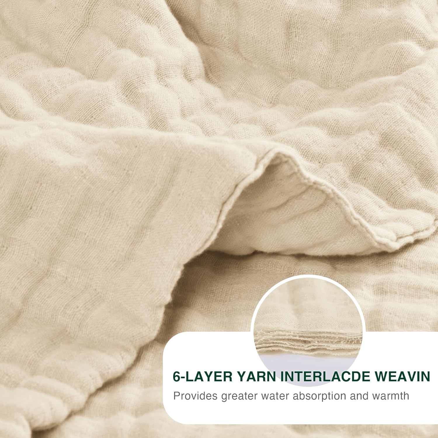 Thumbnail 4 de Love’s Cabin 100% Cotton Muslin Blanket (6-Layer Gauze) – King Size, Beige (108 x 90 inches)