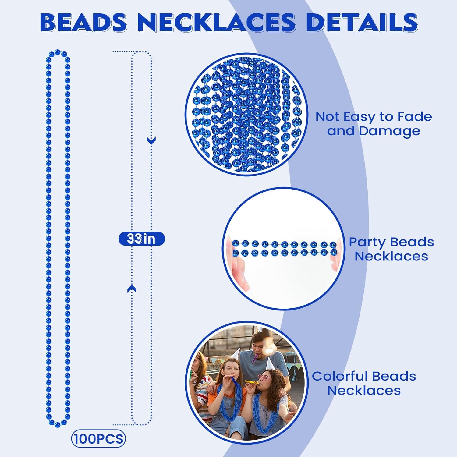 Thumbnail 1 de 100 PCS Blue Bead Necklace Set for Mardi Gras, 4th of July & Themed Parties (33" total)