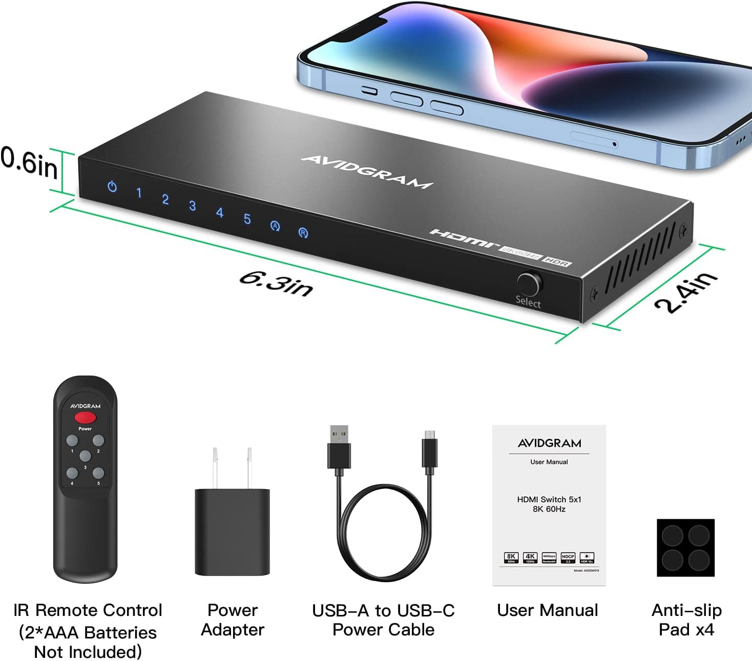 Thumbnail 6 de AVIDGRAM Switch HDMI 2.1 5 entrées → 1 sortie 4K 120 Hz (IR, HDCP 2.3, HDR10+)