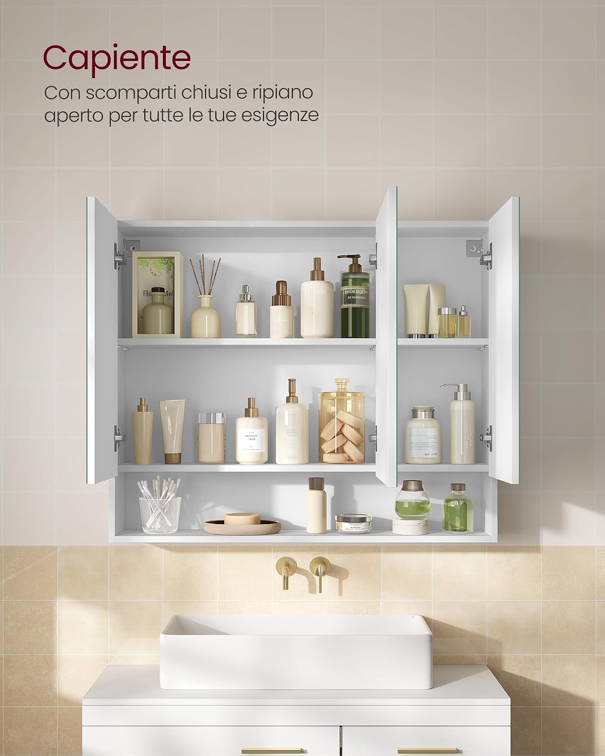 Detalle de VASAGLE Kailyn Collezione - Armadietto Bagno da Parete con Specchio, 16,5 x 90 x 75 cm, Bianco Nuvola BBK130W01