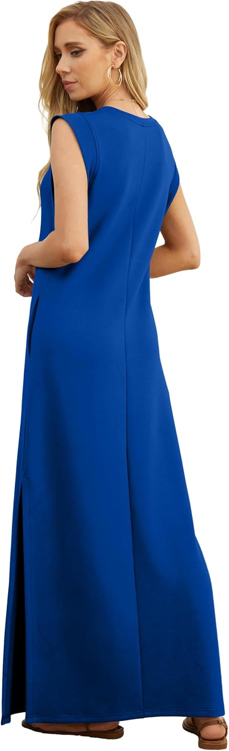 Detalle de GRECERELLE Women’s Summer Maxi Dress with Split, Pockets and Sleeveless Round Neck