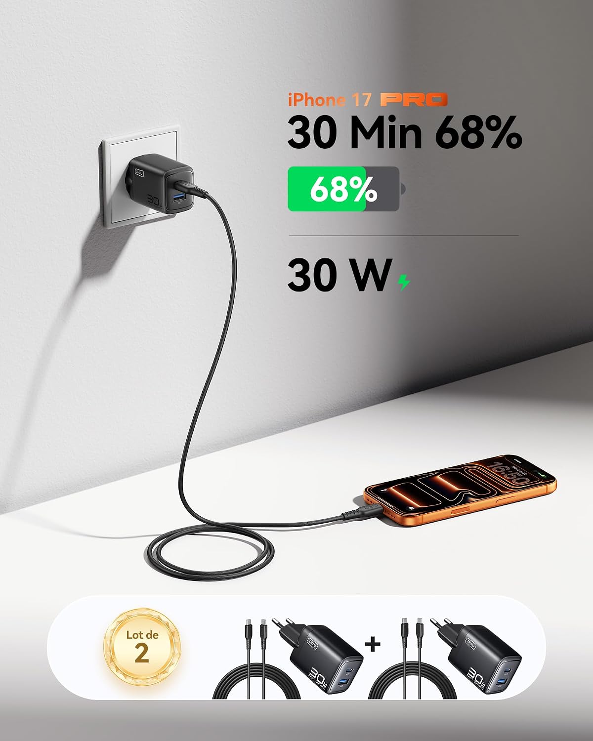 Detalle de INIU Chargeur USB‑C 30W 2 ports GaN avec câble 60W