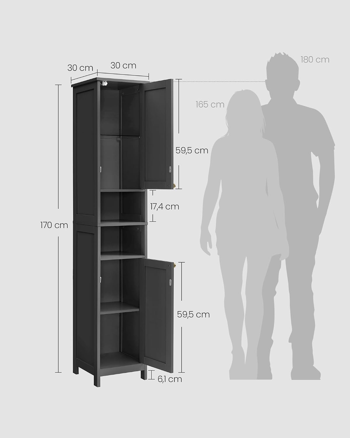 Thumbnail 5 de VASAGLE Mobile da bagno a colonna con luce BBK566BC01, nero inchiostro, 30 cm