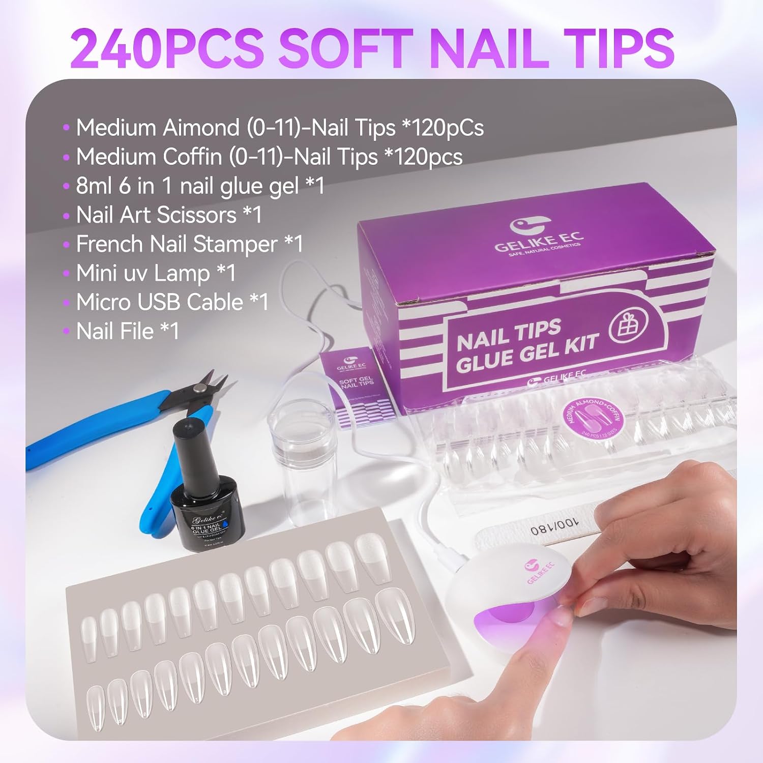 Detalle de Gelike ec Gelnägel Starterset mit Nageltips und Nagelkleber – 240 Med/Almond & 8 ml Extra Stark Kleber