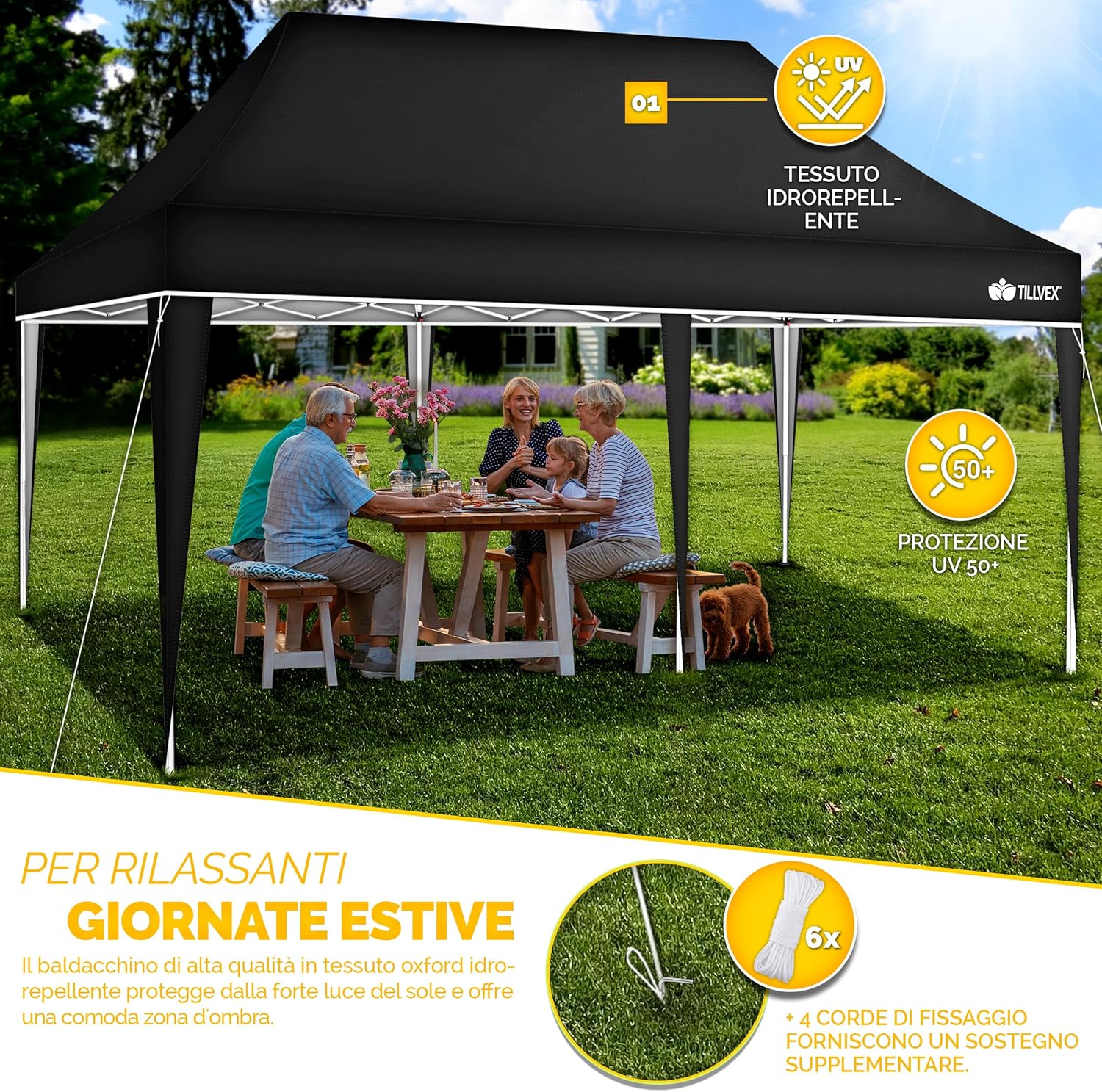 Thumbnail 2 de Tillvex Gazebo 3x6m da Giardino: gazeboo pieghevole regolabile, protezione UV 50+, borsa inclusa