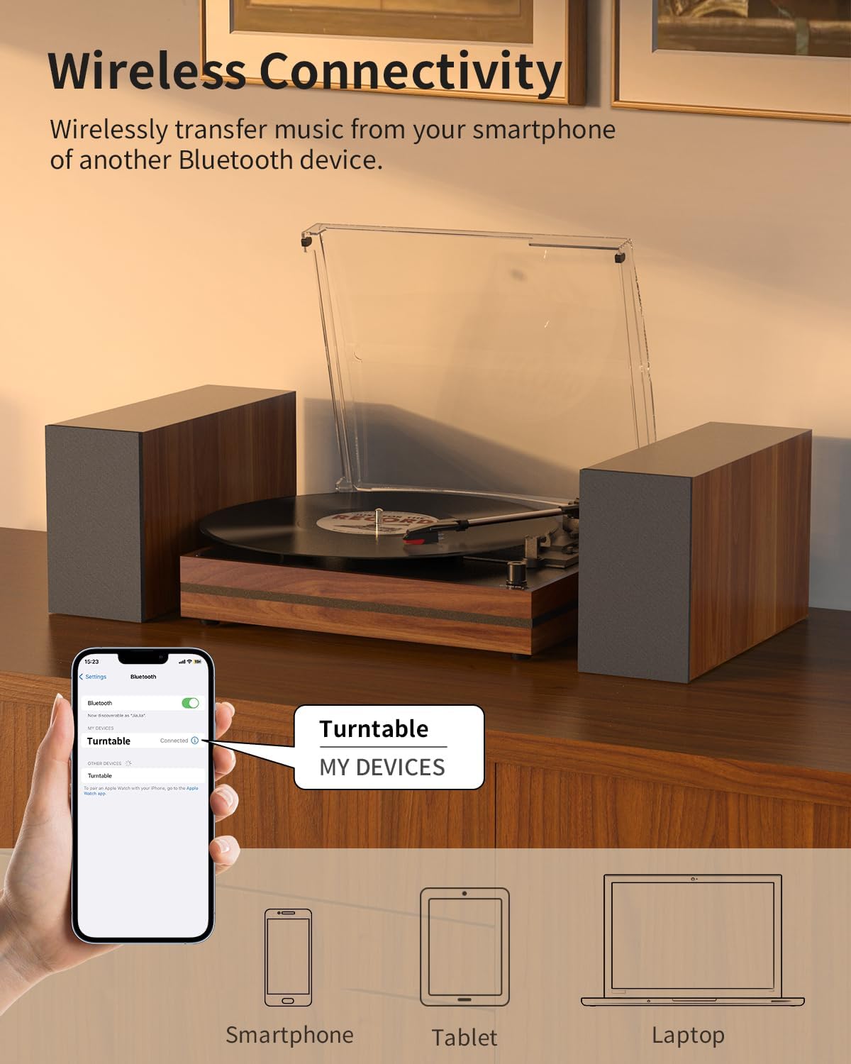 Detalle de Vintage Belt-Drive Record Player with Dual External Speakers (3 Speed, Wood Red)