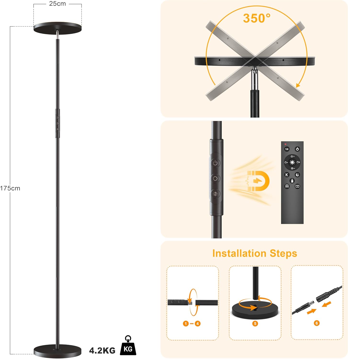 Thumbnail 4 de Yikuneng Lampada da Terra 36W con LED, 3600LM e telecomando dimmerabile con touch, 2700K–6500K