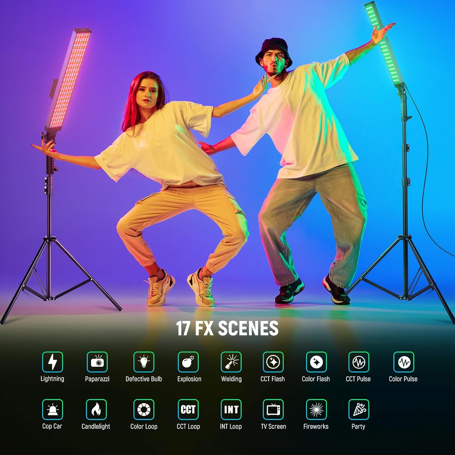 Thumbnail 4 de Neewer Photography RGB Light Stick Kit (BH20C) – 2 Pack LED Tube Lights with Stands, Diffusers, 2500–10000K