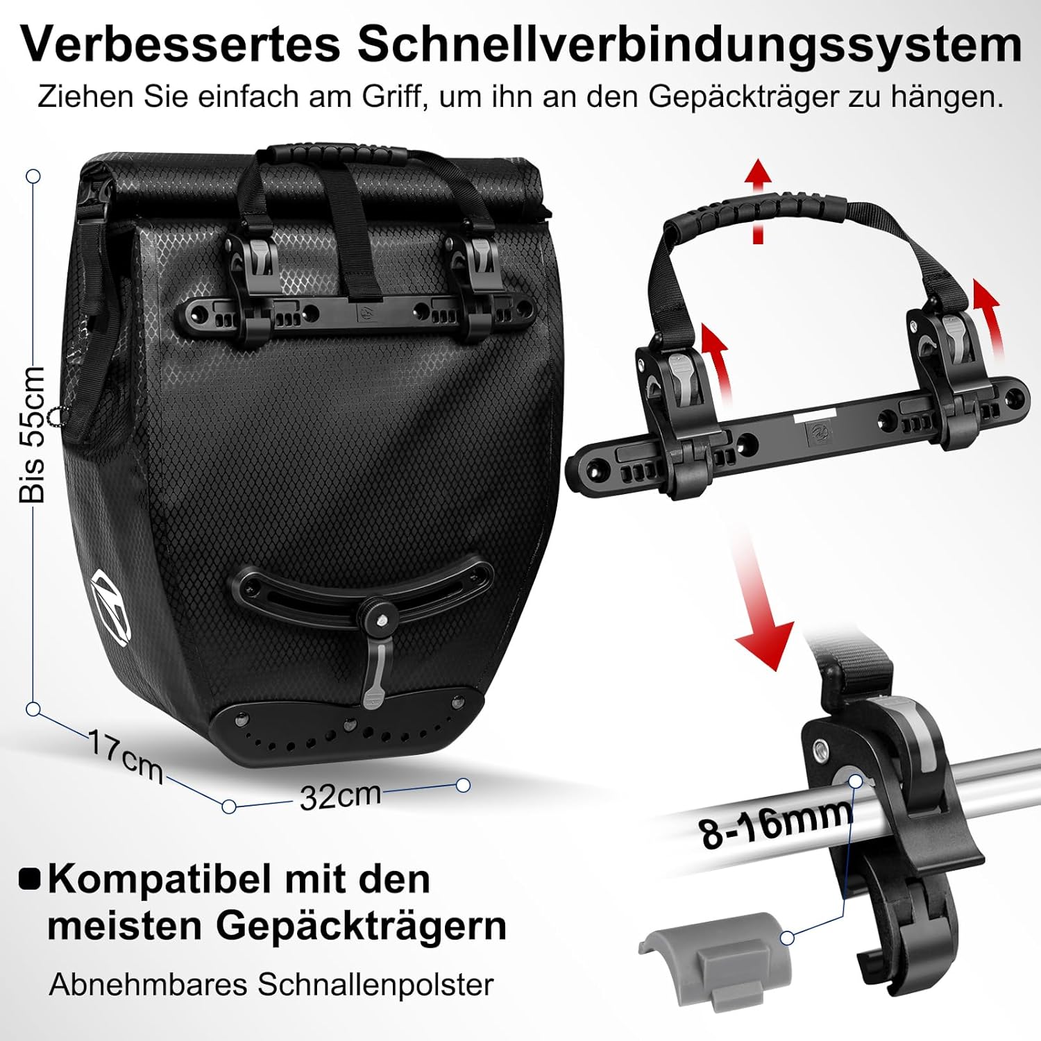 Detalle de Toptrek Gepäckträgertasche 23–28 L – wasserdicht, reflektierend, mit Tragegriff und Schultergurt