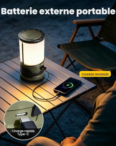 Detalle de Glocusent Lampe Camping Rechargeable 1200LM – lumière 360° , USB-C, SOS, autonomie jusqu’à 400h