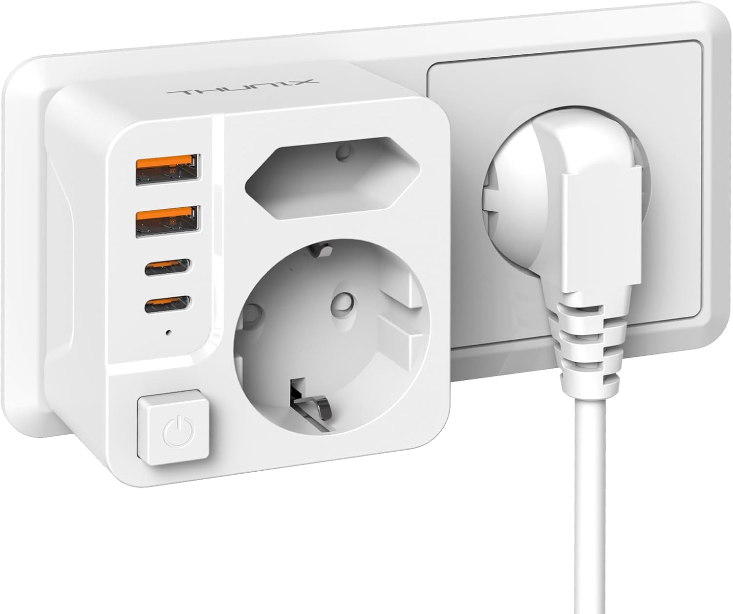 Detalle de THUNIX Doppelstecker für Steckdose – 6-in-1 USB-C PD 20W, kompakt, 2x USB-C + 2x USB-A, 4.000 W