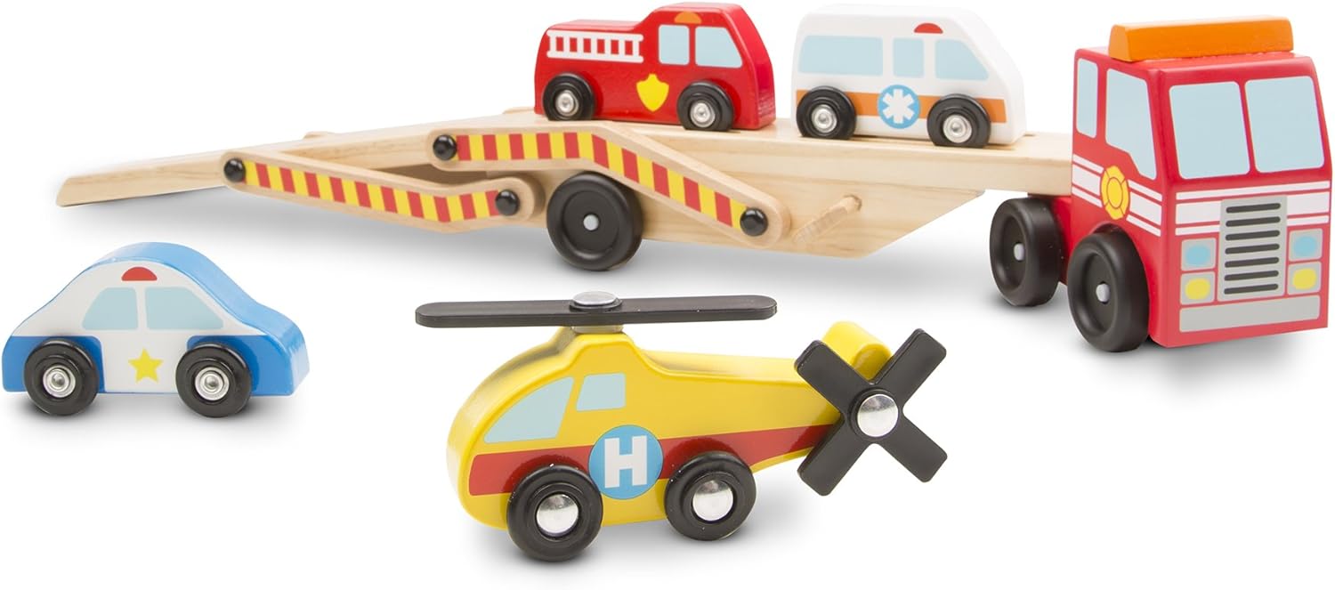 Thumbnail 1 de Melissa & Doug Carro Attrezzi Giocattolo 5 Pezzi: elicottero, ambulanza, auto polizia e camion dei pompieri in legno