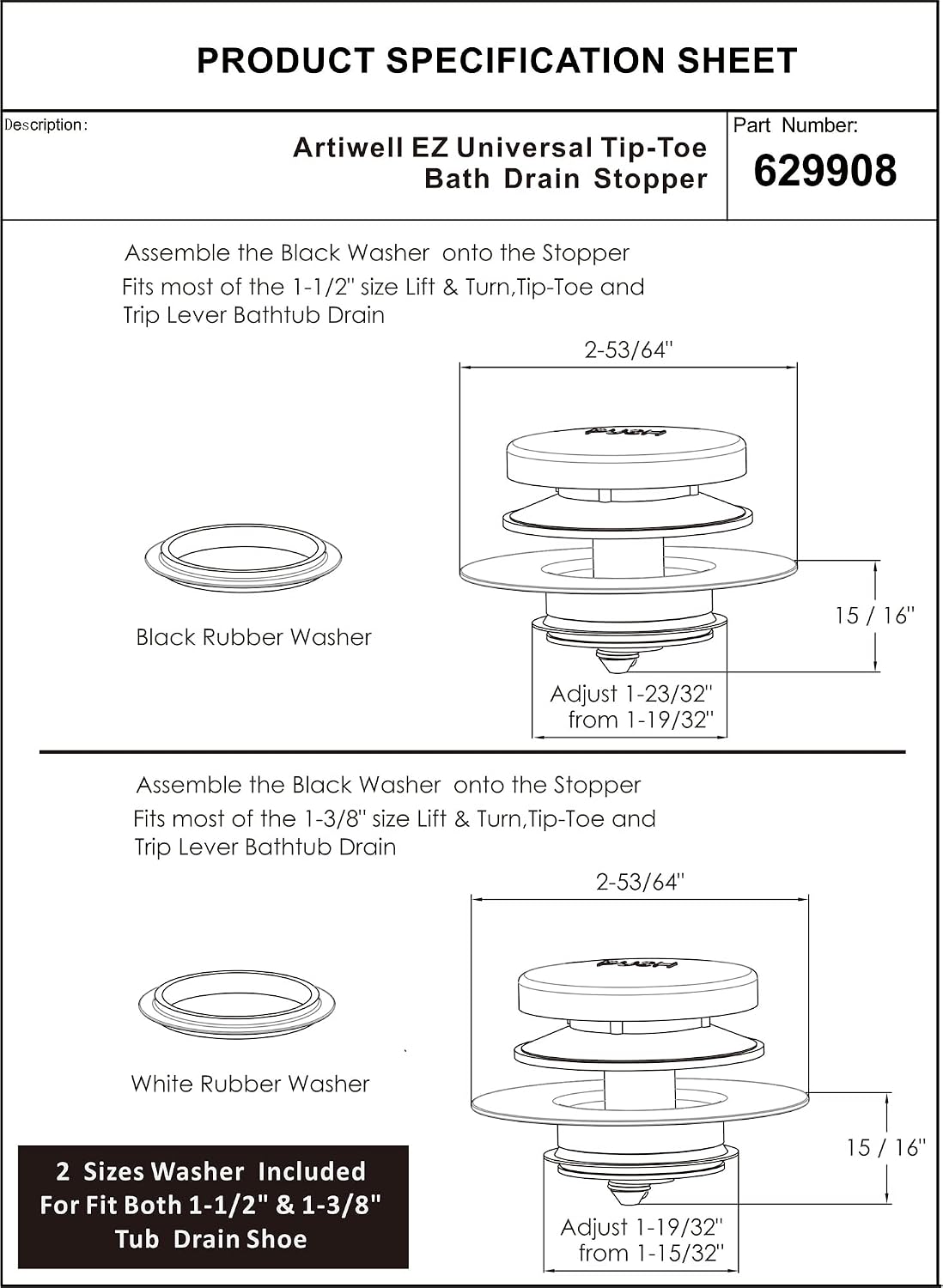 Detalle 2 de Artiwell 629908BN Universal Tip-Toe Tub Drain Stopper, Brushed Nickel Brass