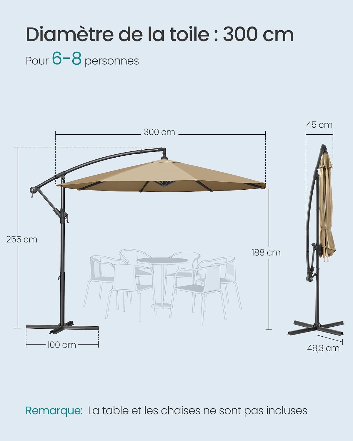 Detalle de SONGMICS Parasol Déporté avec Socle en Croix – 300 cm, UPF 50+, manivelle et base en X