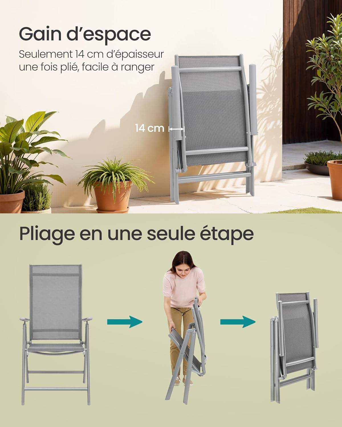 Detalle de SONGMICS Chaise de jardin pliable à dossier réglable 8 positions (jusqu’à 150 kg) Gris GCB02GY