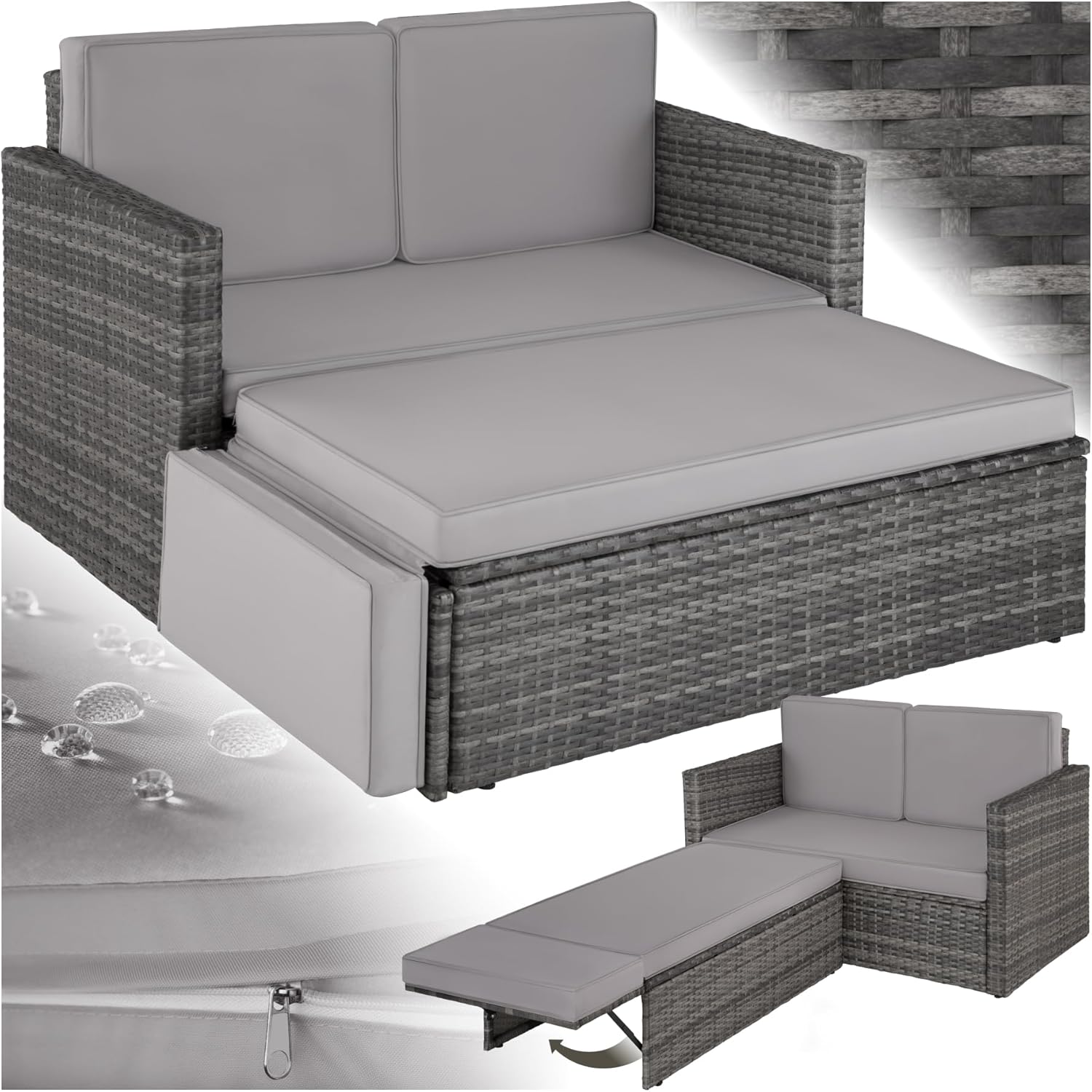 tectake Sofa Set: 2-Sitzer Couch mit Hocker, Schlaffunktion und wetterfestem Polyrattan für Outdoor