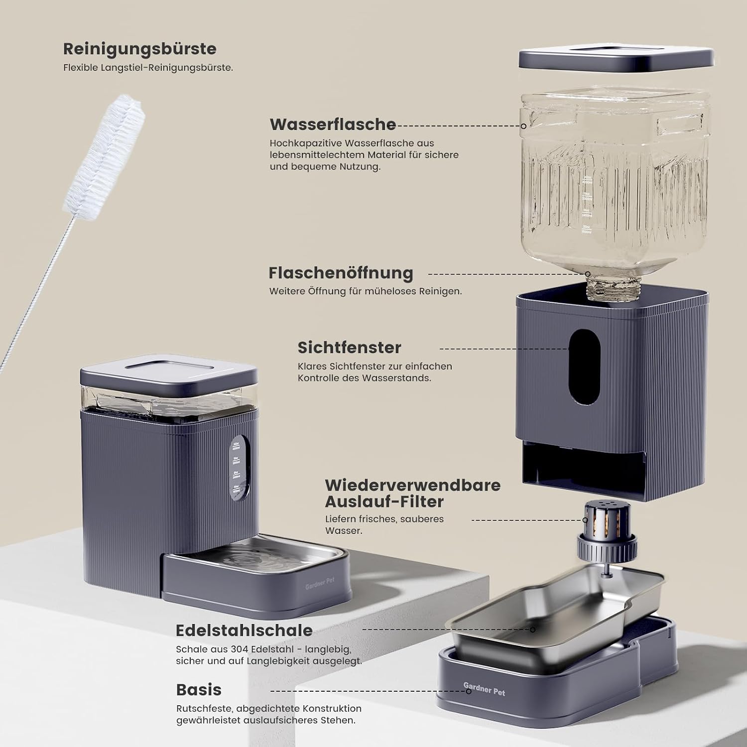 Detalle de Gardner Pet 6,5-L automatischer Wasserspender mit Edelstahlschüssel (Schwerkraft, ohne Strom)