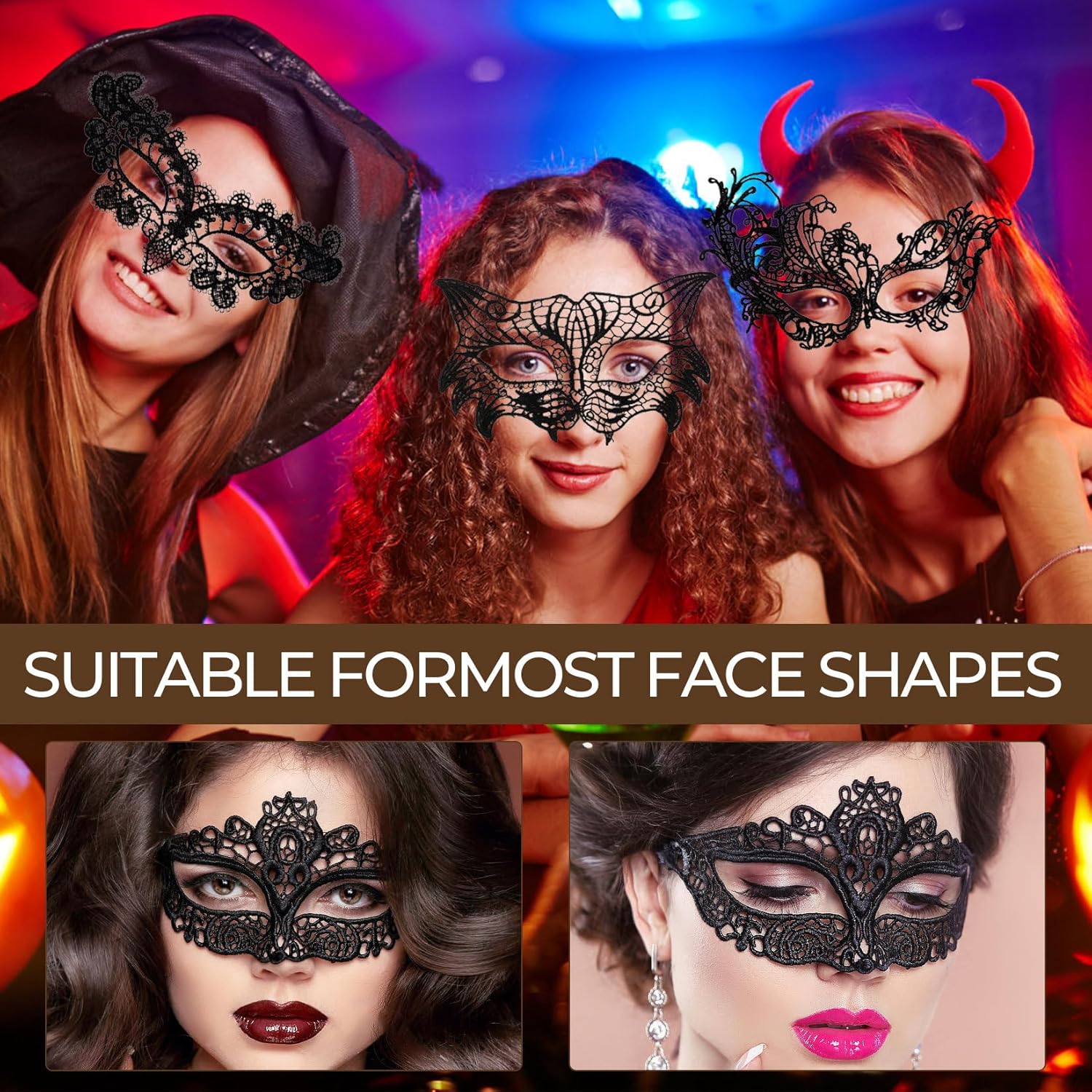 Detalle de But the cow 10 Pcs Black Masquerade Mask – Lace Eye Masks for Women and Men