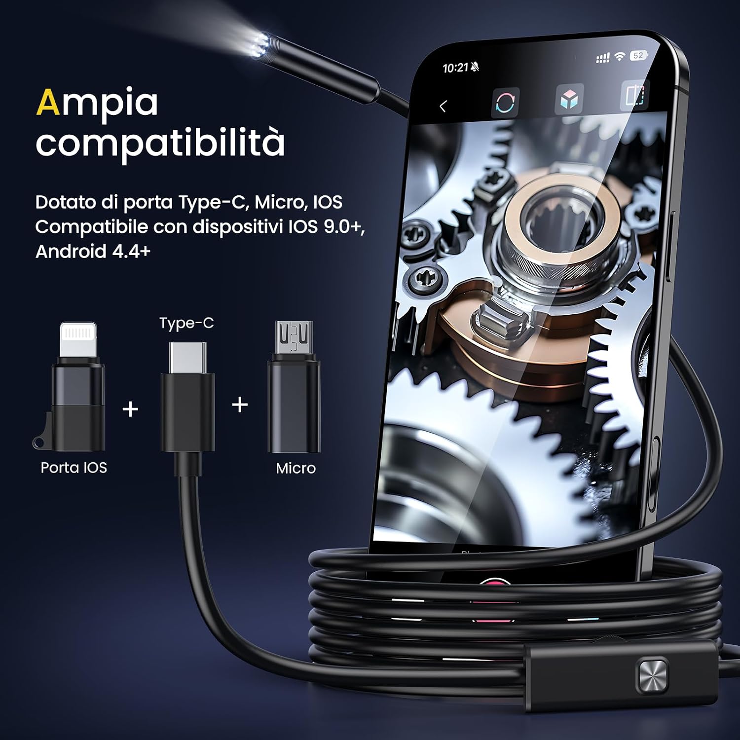 Detalle de Maxpow Endoscopio per Smartphone – Telecamera Endoscopica 1920HD IP67, Sonda 5 m con 8 LED, Compatibile Android e iOS
