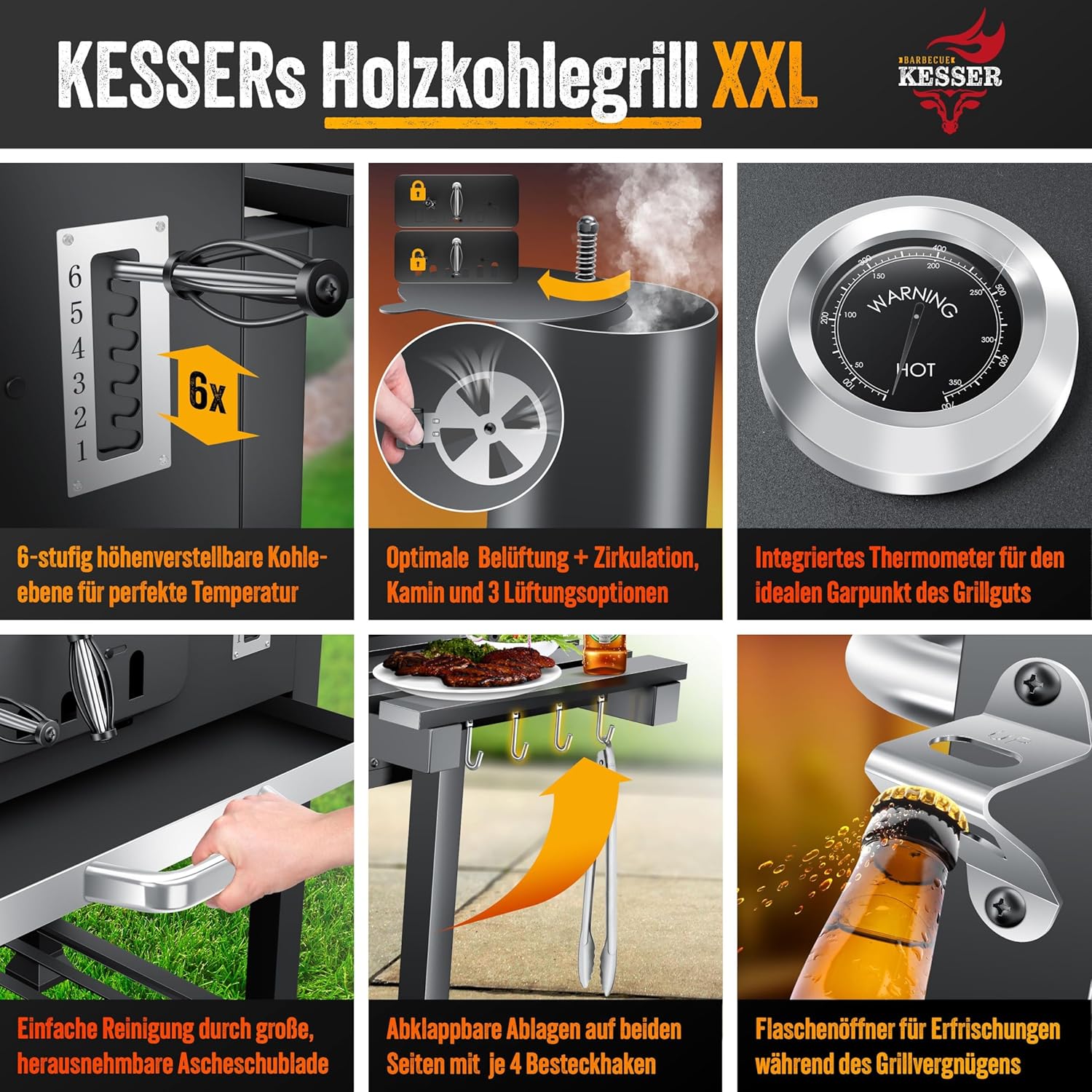 Thumbnail 3 de KESSER® Holzkohlegrill XXL Grillwagen mit Deckel & Thermometer – großer BBQ Kohlegrill Wagen