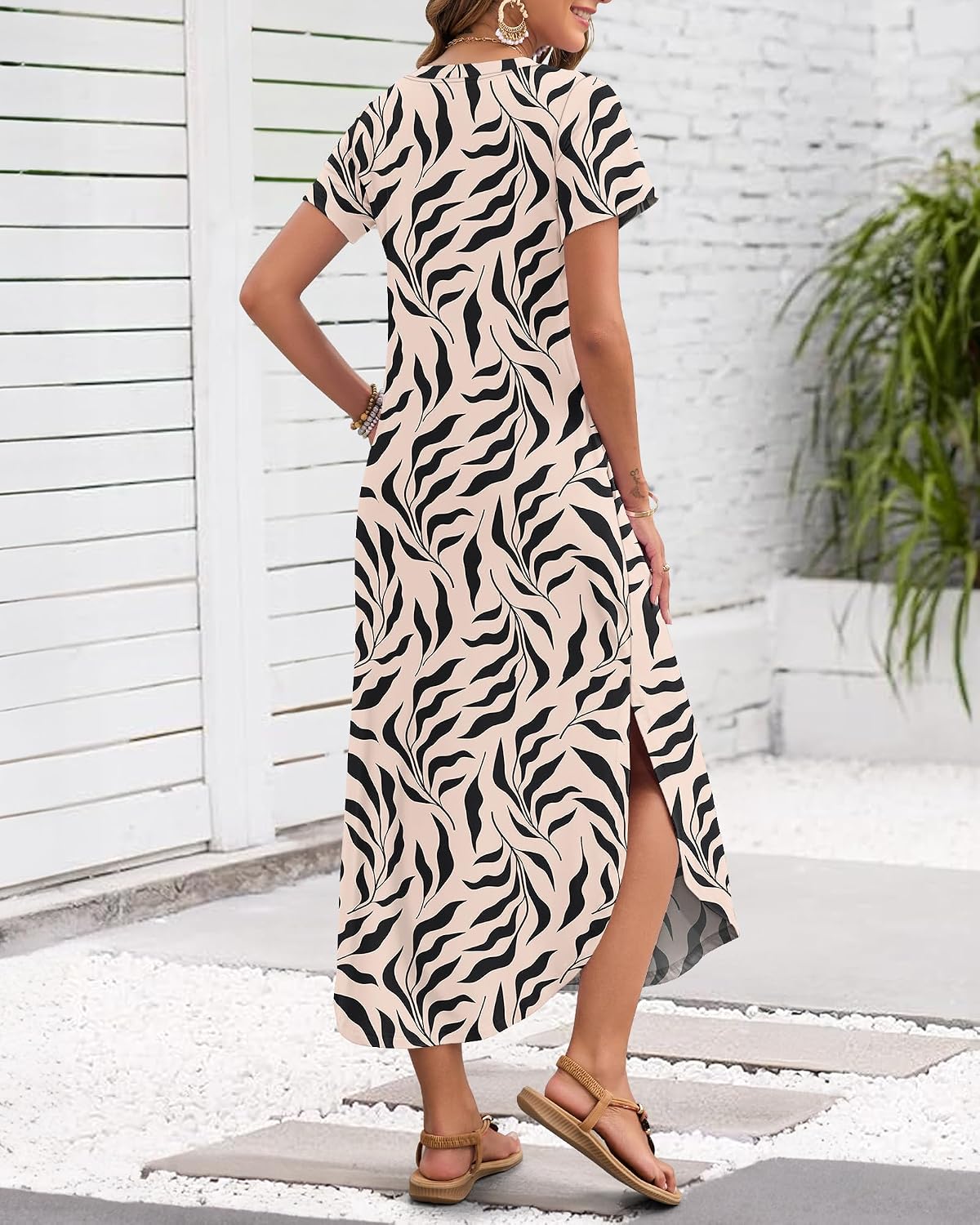 Detalle de MISFAY Women's Summer Maxi Dress, Short Sleeves, V-Neck and Pockets