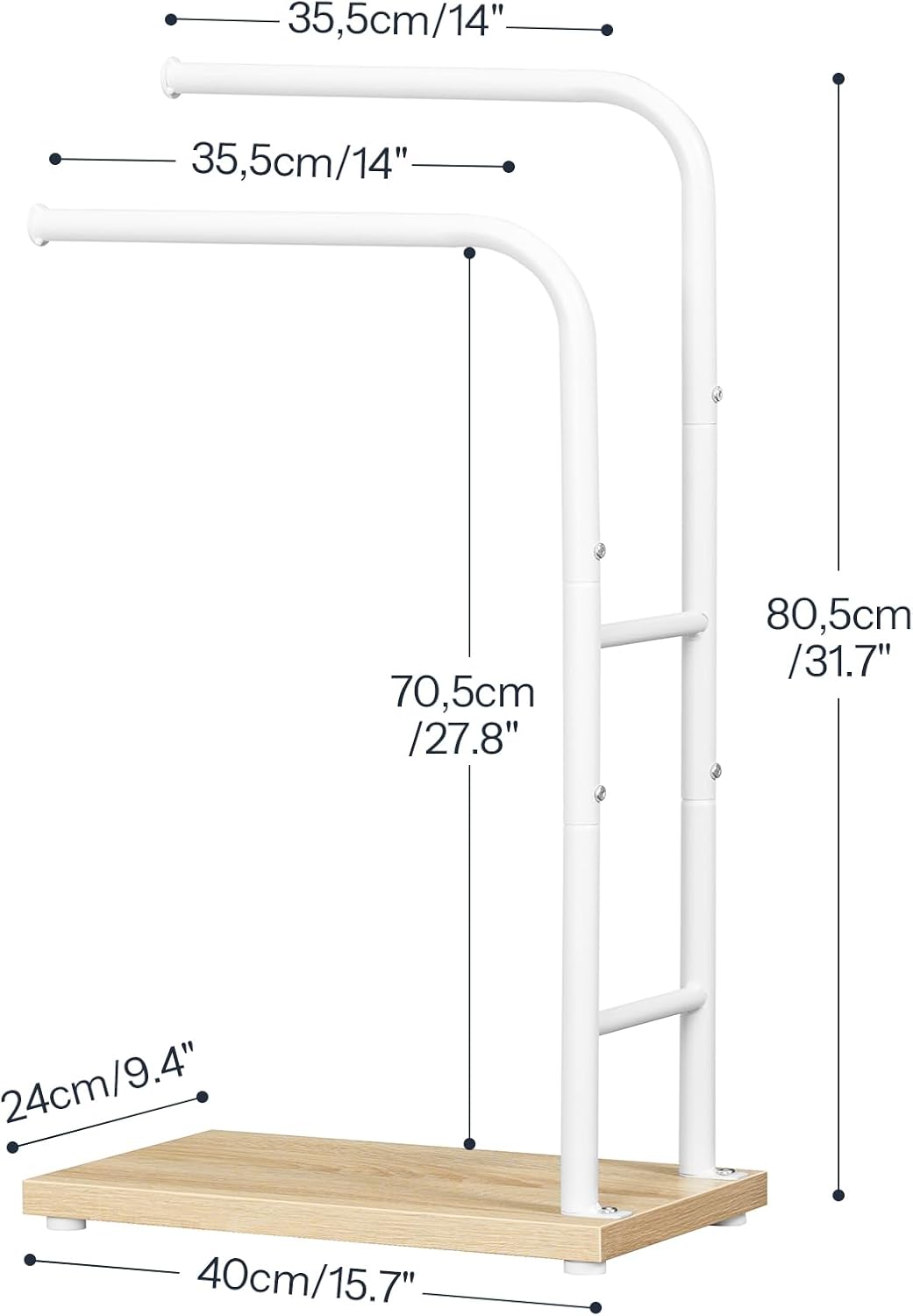 Detalle 2 de HOOBRO Portasciugamani da Terra con 2 Braccia EWN24LB01G1 – stabile, 40 x 24 x 80,5 cm, bianco e legno naturale