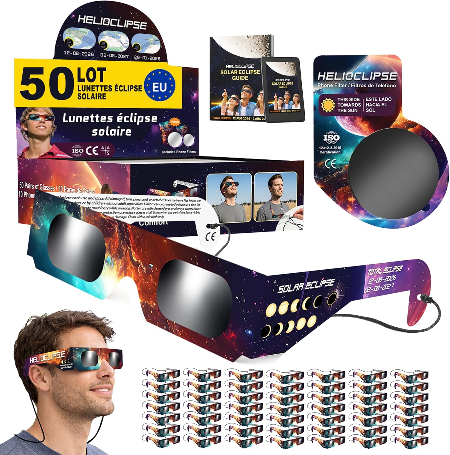 Lot de 50 lunettes solaires certifiées ISO 12312-2 Helioclipse Eclipse (bonus 10 filtres pour téléphone)