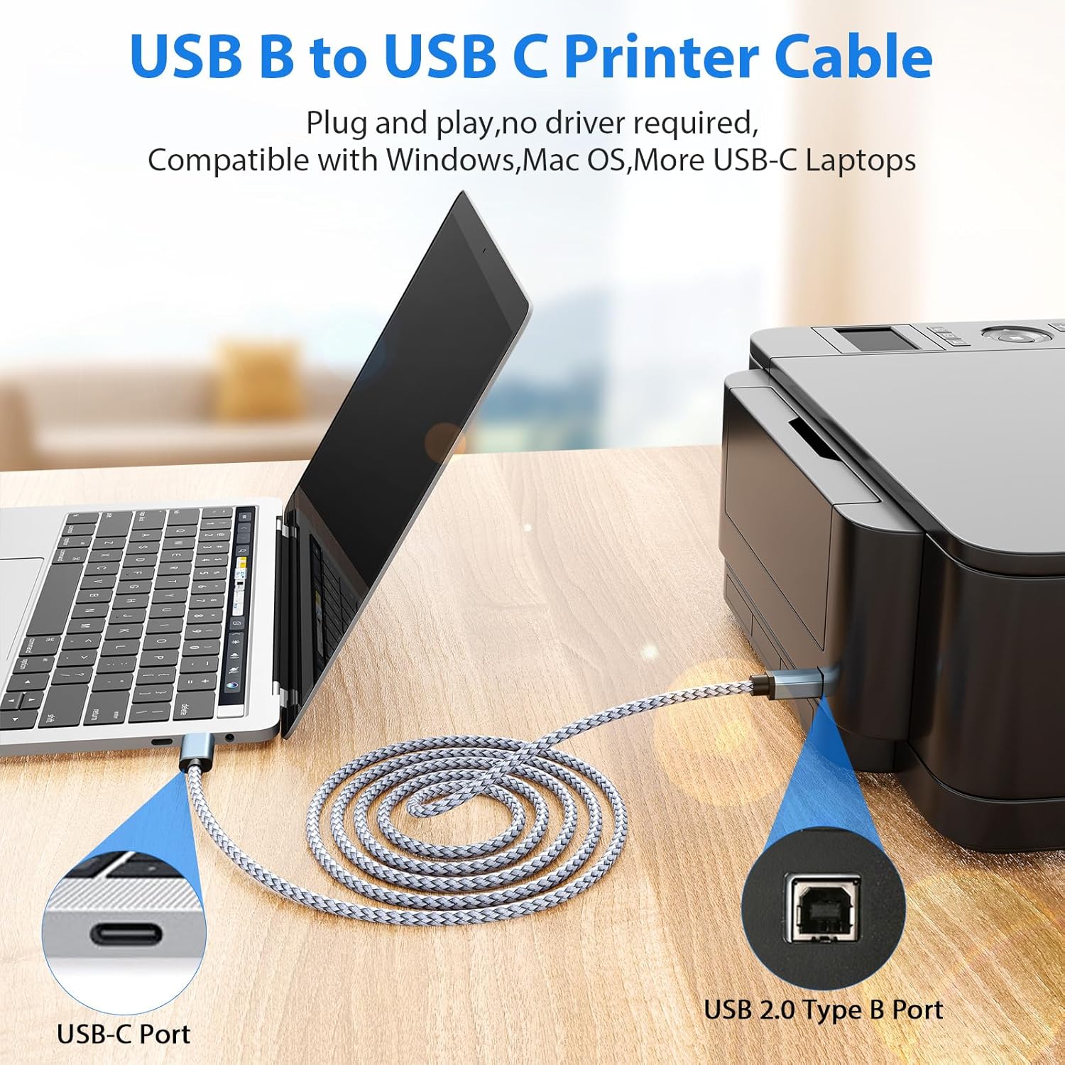 Detalle 2 de USB B to USB C Printer/MIDI Cable 6ft for MacBook Pro, HP/Canon Printers and MIDI Controllers