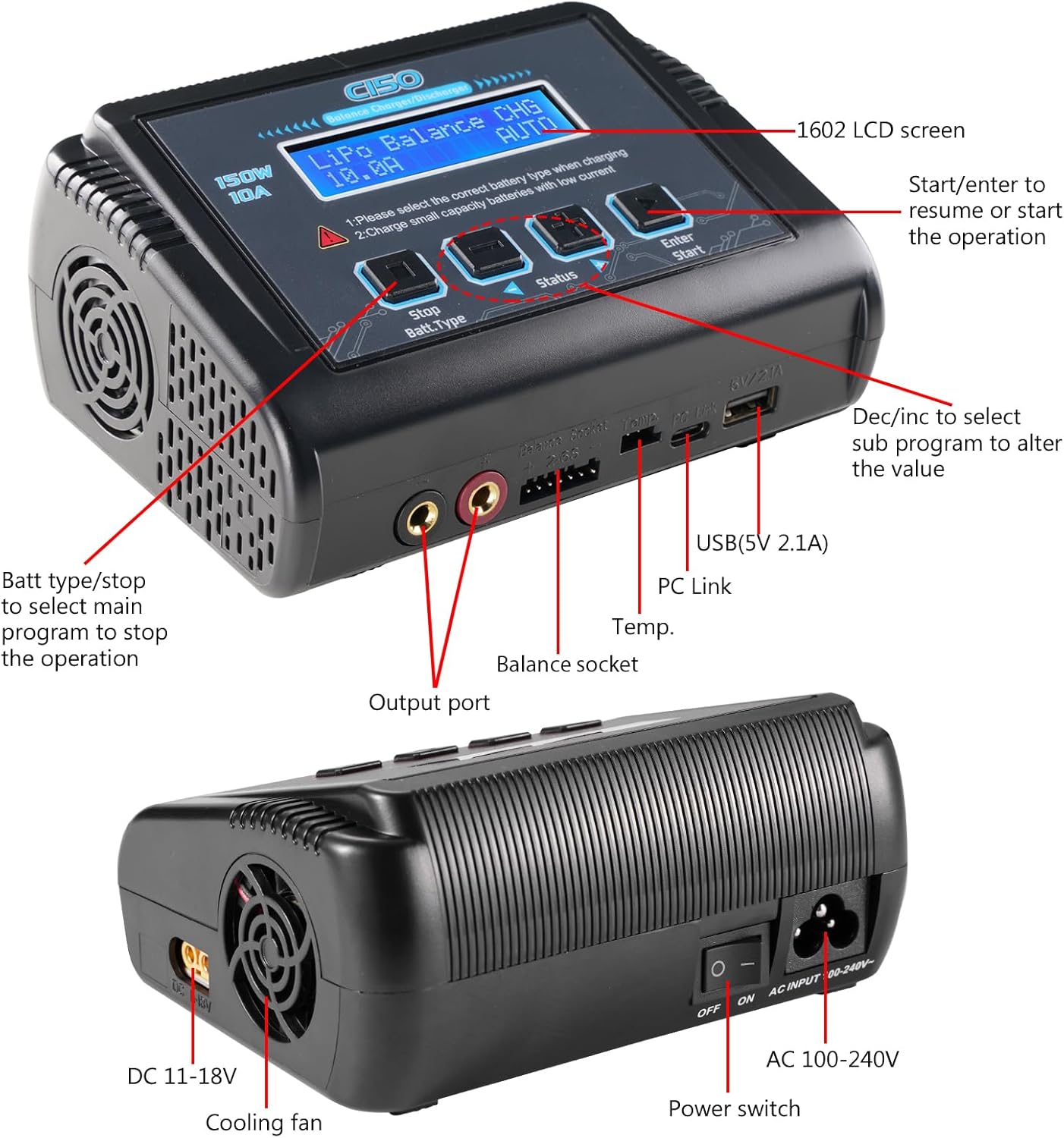 Thumbnail 3 de HTRC C150 caricabatterie LiPo con bilanciamento 150W, 10A, 1-6S AC/DC (Nero) con bag e allarmi