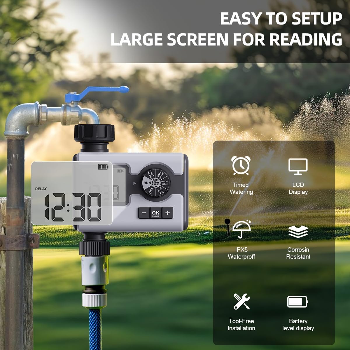 Detalle 2 de Aqualin Timer per irrigazione da giardino con 3 programmi, ritardo pioggia e modalità manuale
