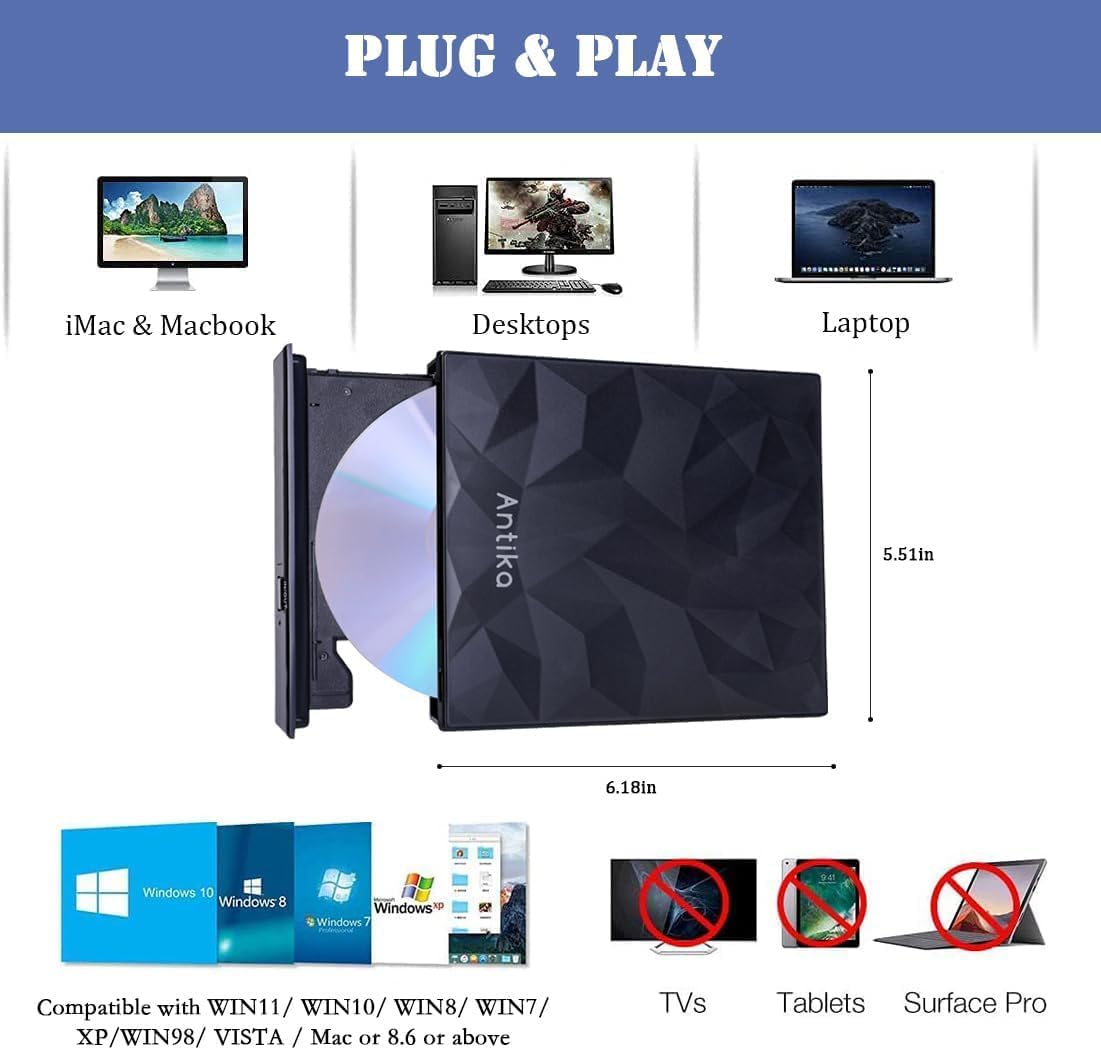 Thumbnail 3 de Antika Externe CD/DVD-Laufwerk mit Type-C USB 3.0 – Brenner, Reader und Backup-Power für Laptop, PC und Mac