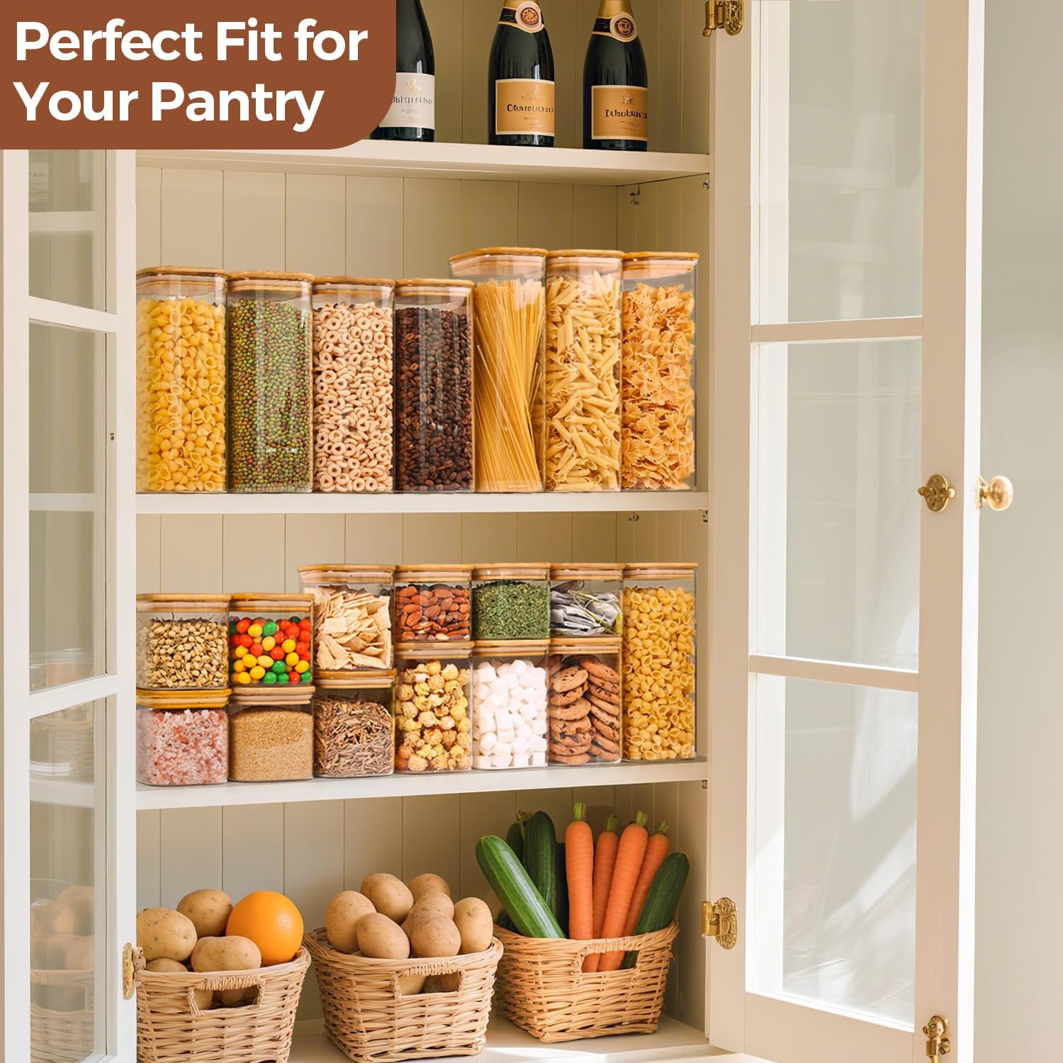Detalle de ComSaf Glass Spaghetti Pasta Storage Containers (2.2 Qt, Set of 3) with Lids