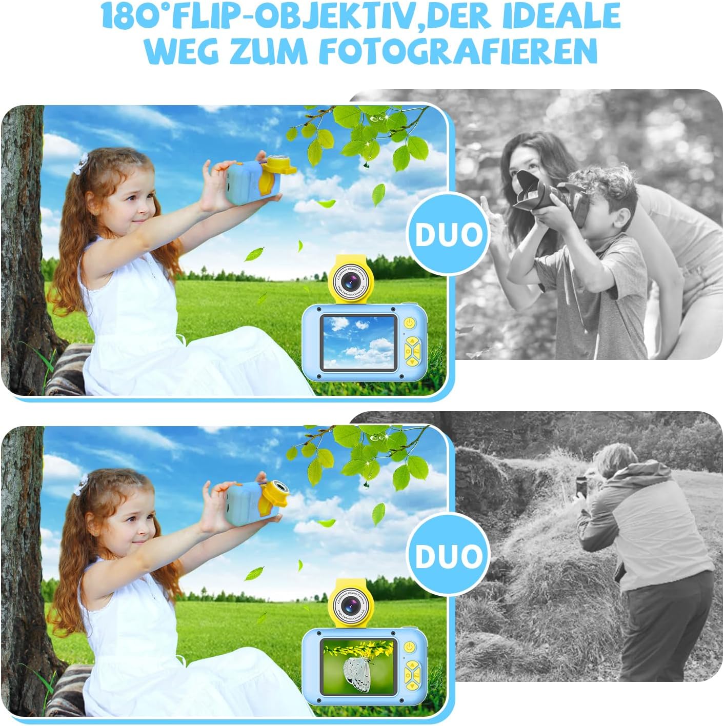 Detalle 2 de ARNSSIEN Kinderkamera X101 mit 180°-Objektiv und 2,4'' IPS-Bildschirm – Spielzeugkamera für Kinder von 3 bis 12 Jahren