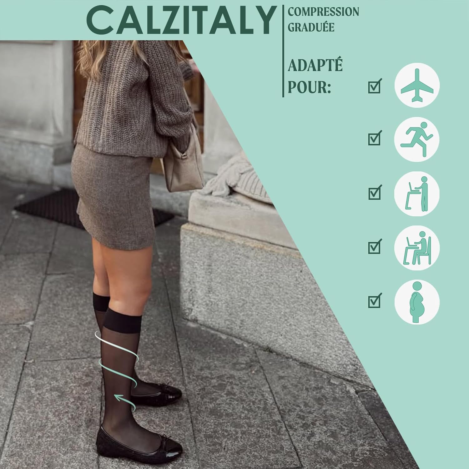 Detalle de CALZITALY Pack 1/2 Mi-bas de contention à compression graduée forte 18-22 mmHg – Noir / Beige, 140 DEN, Made in Italy