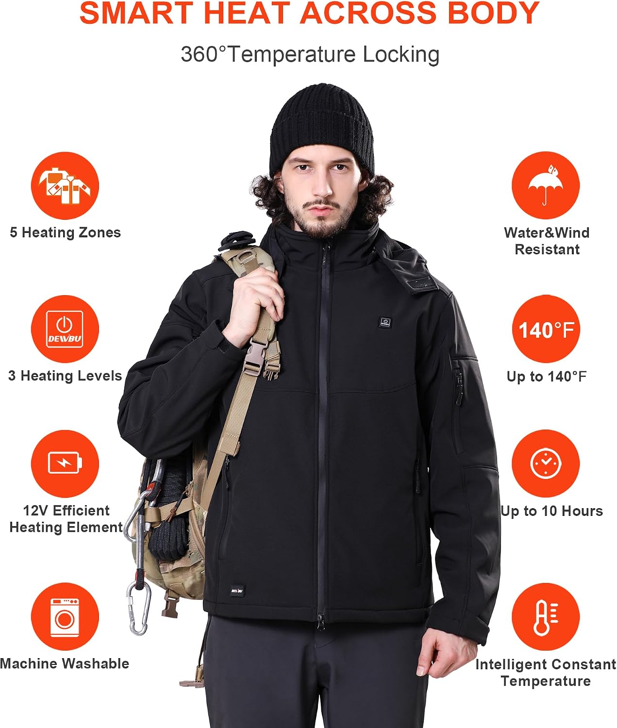 Detalle de DEWBU Men's 12V Heated Jacket with Five Heat Zones and Detachable Hood