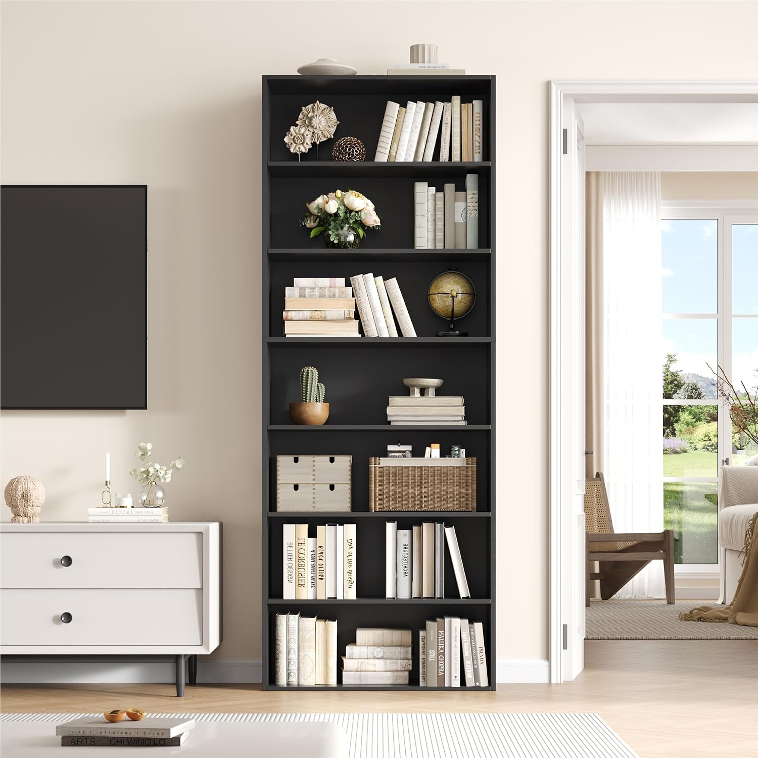 Detalle de FirFurd P423 7-Tier Bookcase, Black Engineered Wood, 60 x 23.5 x 209.5 cm