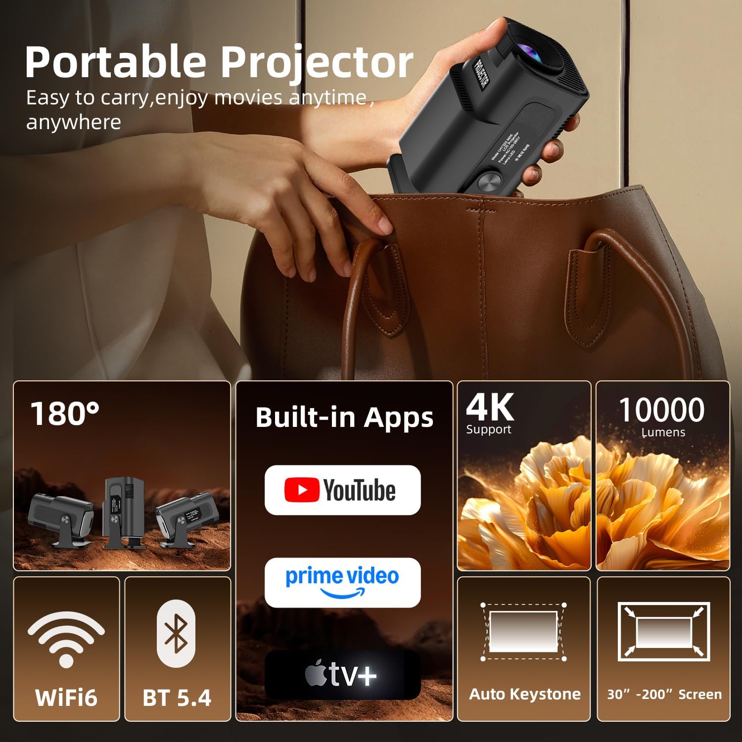 Thumbnail 1 de ZDSSY Mini Projector 4K Support, Android 14 & Wi‑Fi 6: A Portable Bedroom Cinema with Built‑in Apps