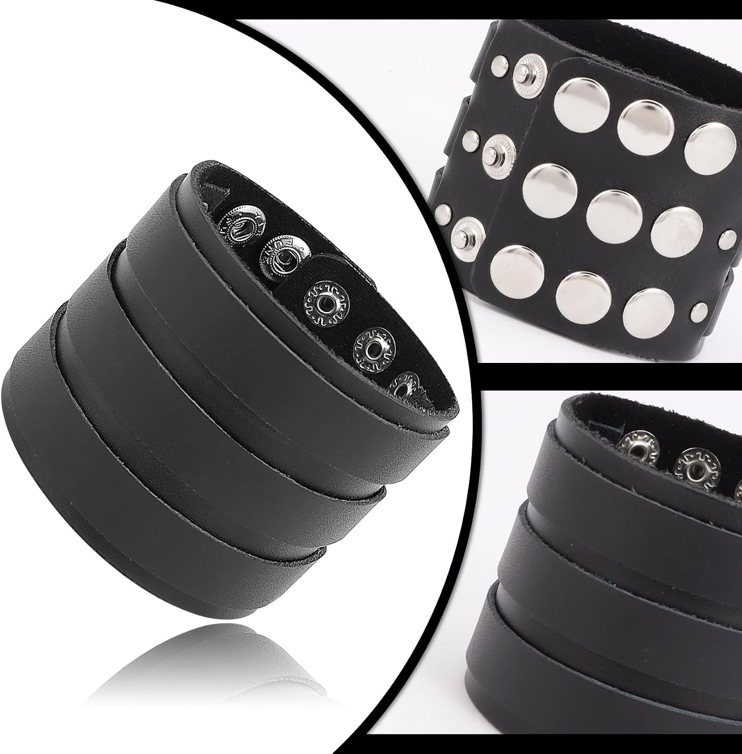Detalle de MILAKOO Punk Lederarmband mit Nieten – breites PU-Lederarmband im Gothic/Rock-Stil, verstellbar