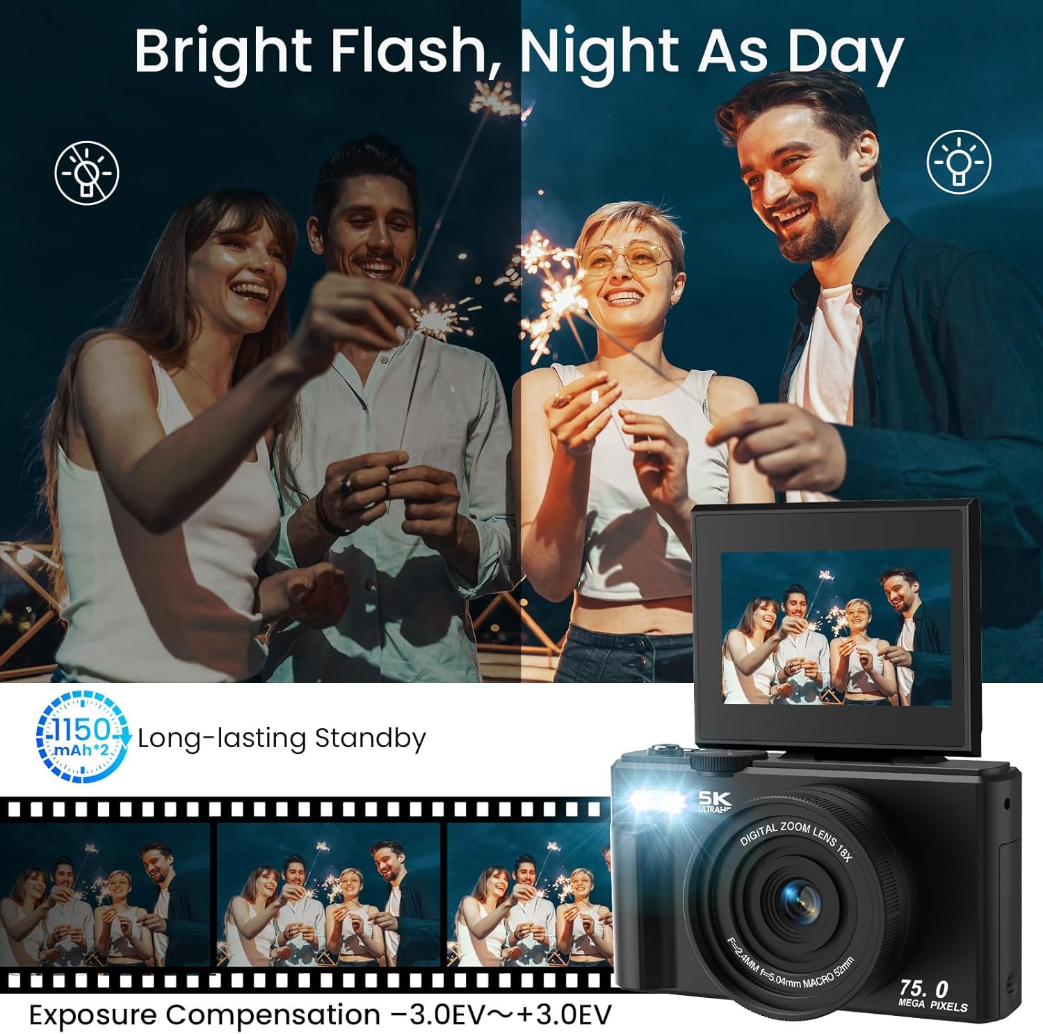 Thumbnail 5 de SOPPY 5K 75MP Digital Camera: Compact Child-Friendly Vlogging Camera with 18x Zoom and 64GB Card