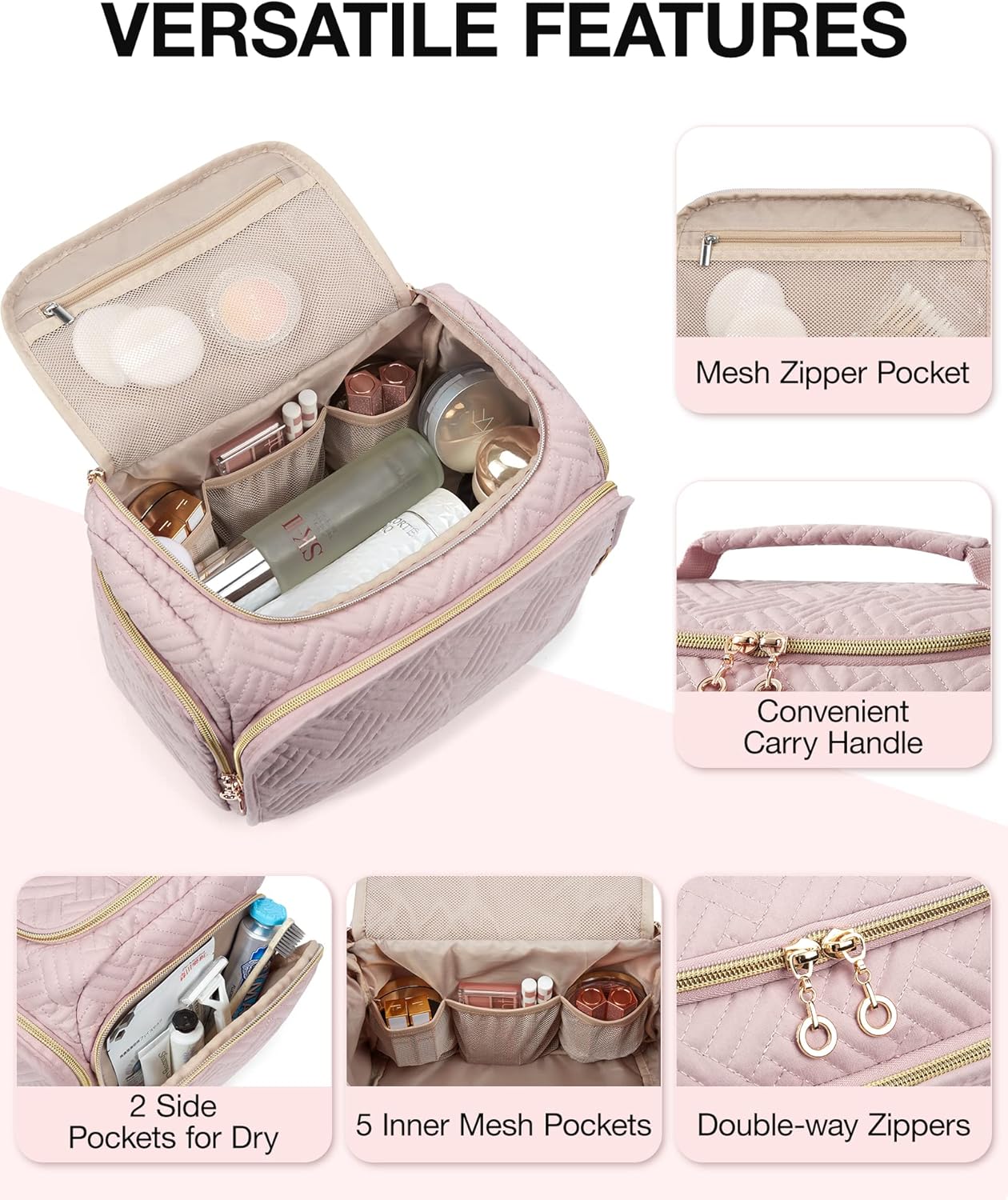 Thumbnail 2 de BAGSMART Travel Toiletry Bag for Women (Large, Pink) – wide-open organiser with dry/wet separation