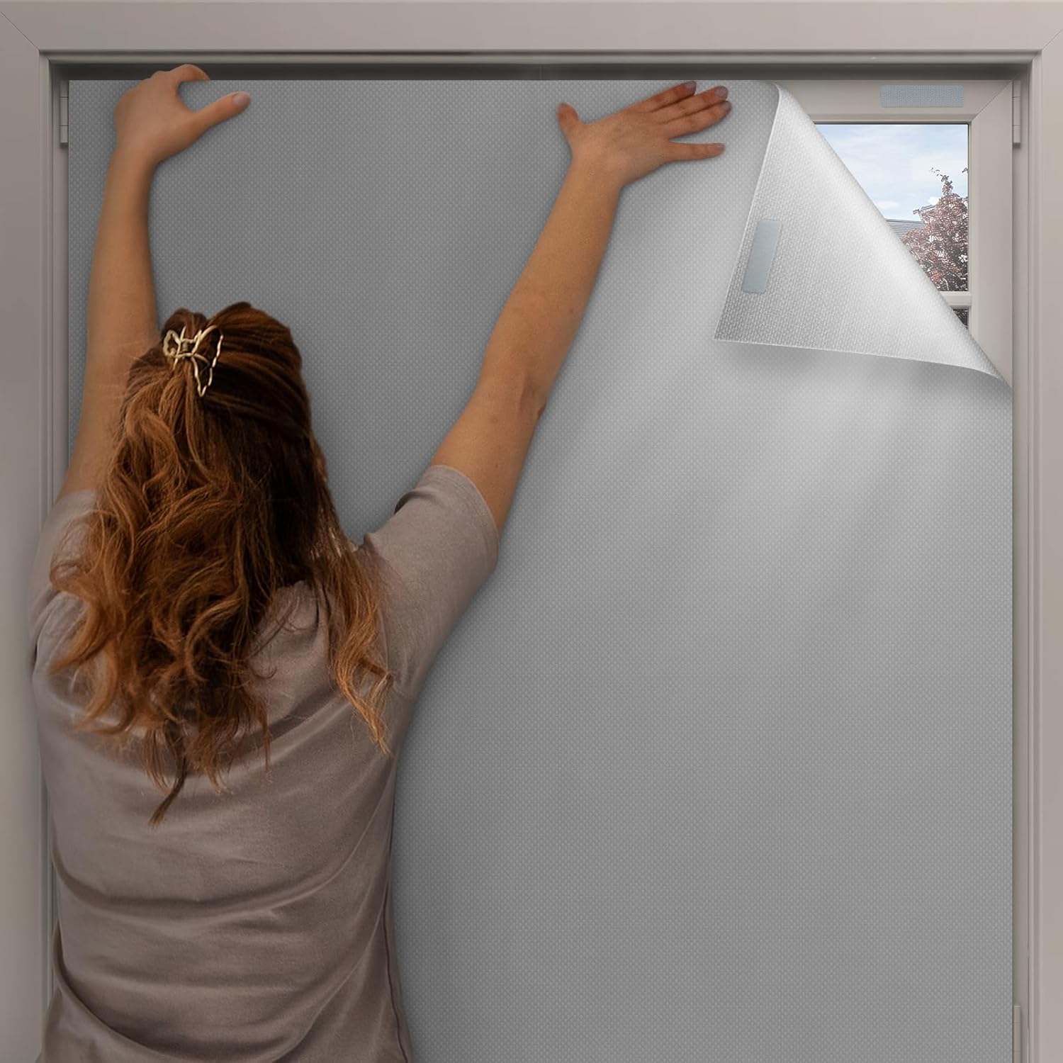 Detalle de Valquid Blackout Blind 200×145cm stick-on blackout blind with Velcro, grey temporary room darkening