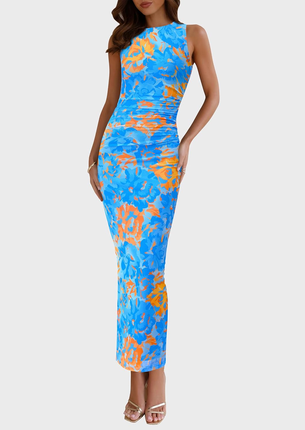 Detalle de PRETTYGARDEN Women's Floral Mesh Maxi Dress, Sleeveless Ruched Bodycon Style