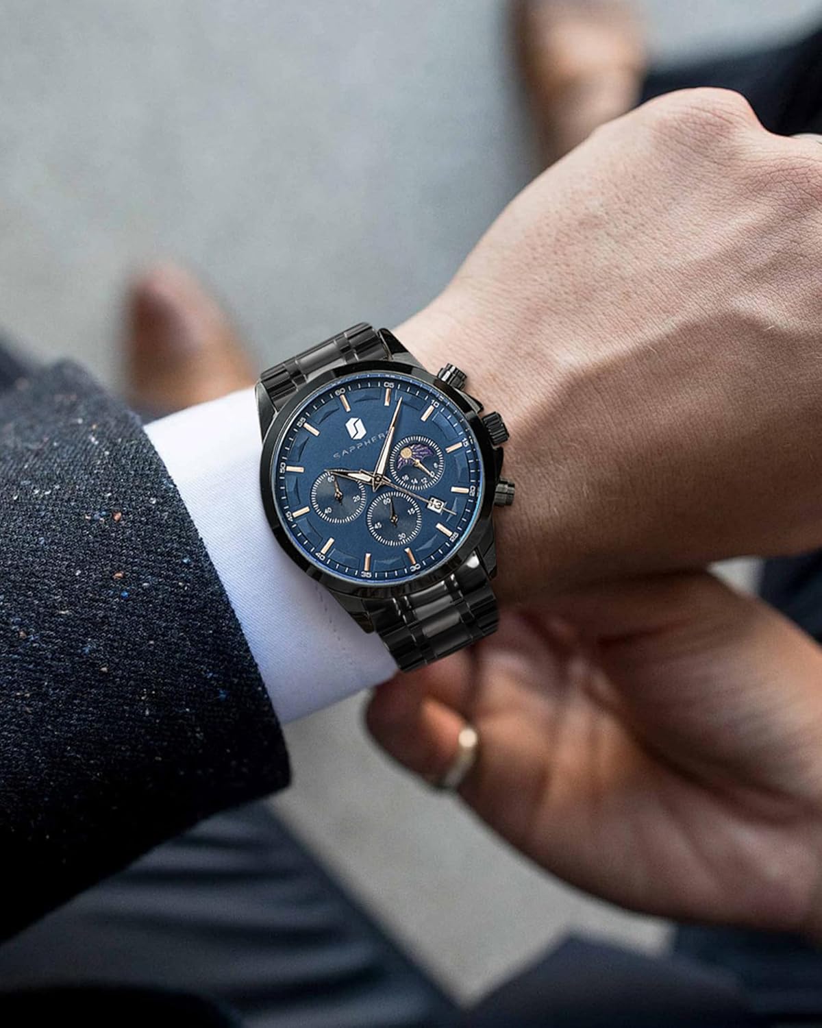 Detalle de BENYAR Montre Homme Chronographe Étanche avec Calendrier — Bracelet Cuir/Acier Inoxydable