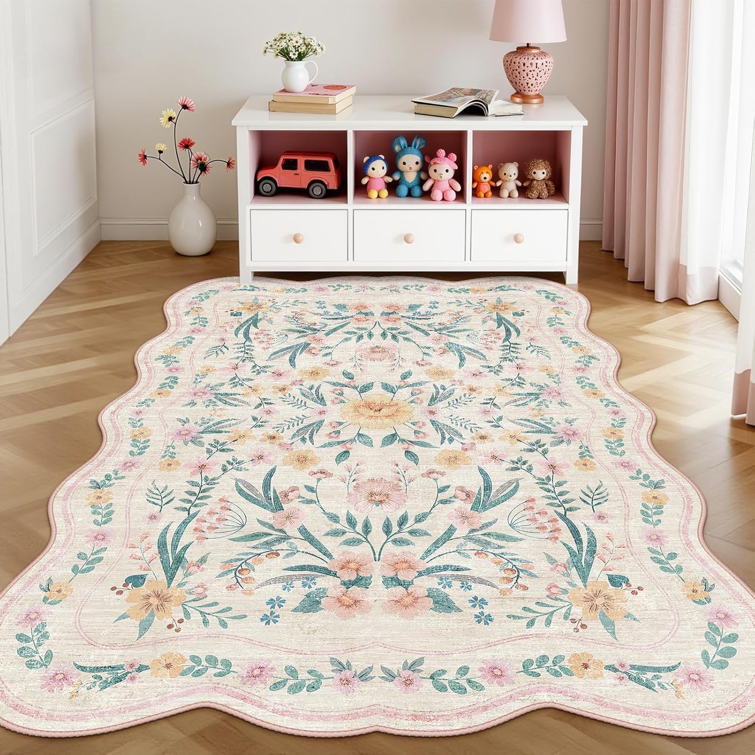 Detalle 2 de Dadasgk Pink Floral Rug 5x7 for Girls' Room – Soft, Washable Non-Slip Boho Rug