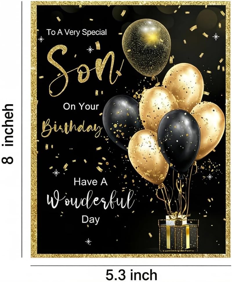 Detalle de Generic Son Birthday Card, 8 x 5.3-Inch Black and Gold Balloon Design