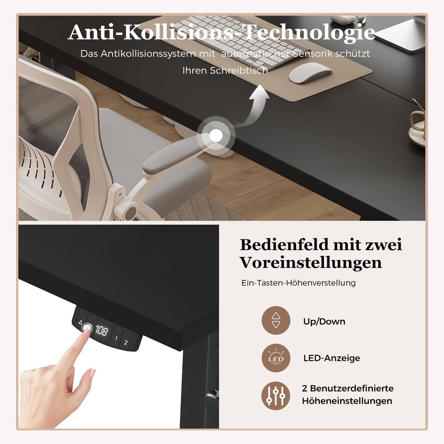 Detalle de Klicelor Höhenverstellbarer Schreibtisch – Elektrisch höhenverstellbar, 100 x 60 cm, 2 Memory‑Funktionen, Schwarz