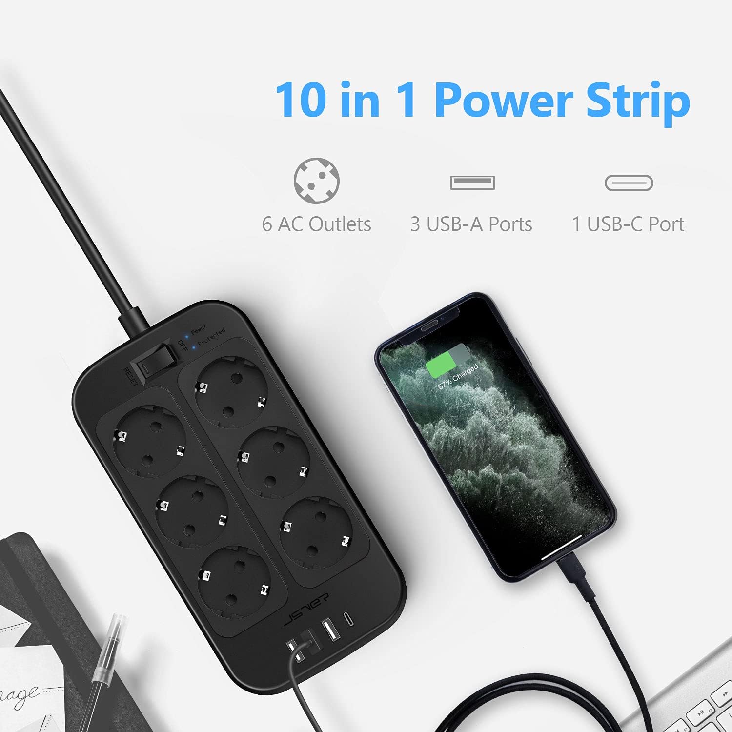 Thumbnail 1 de JSVER Multiprise Parasurtenseur USB 6 Prises + 4 Ports USB (5V 3,4A) – Protection 1050 J et Câble 5m